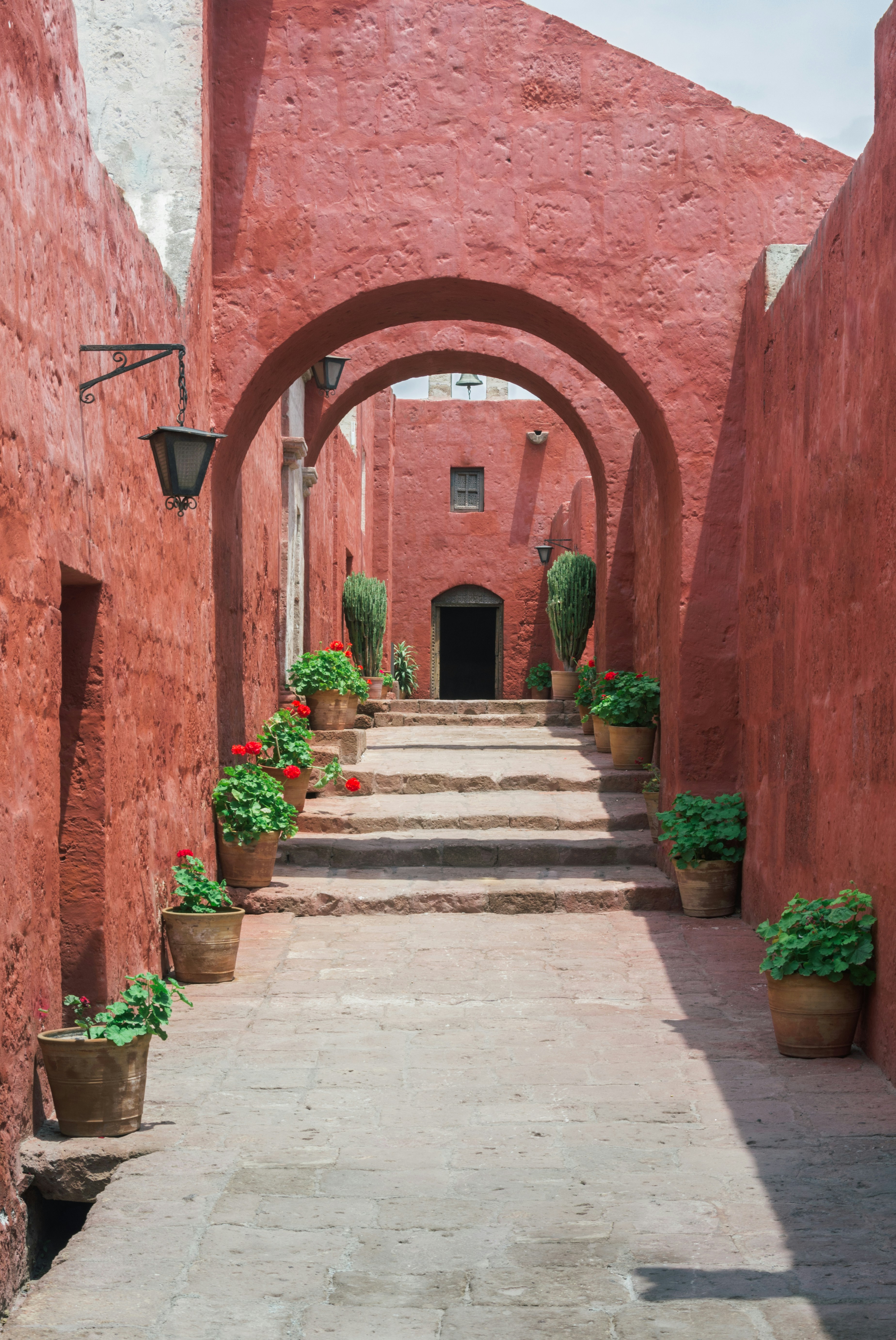 narrow street with flower pots and red colonial buildings in monastery of santa catalina arequipa peru