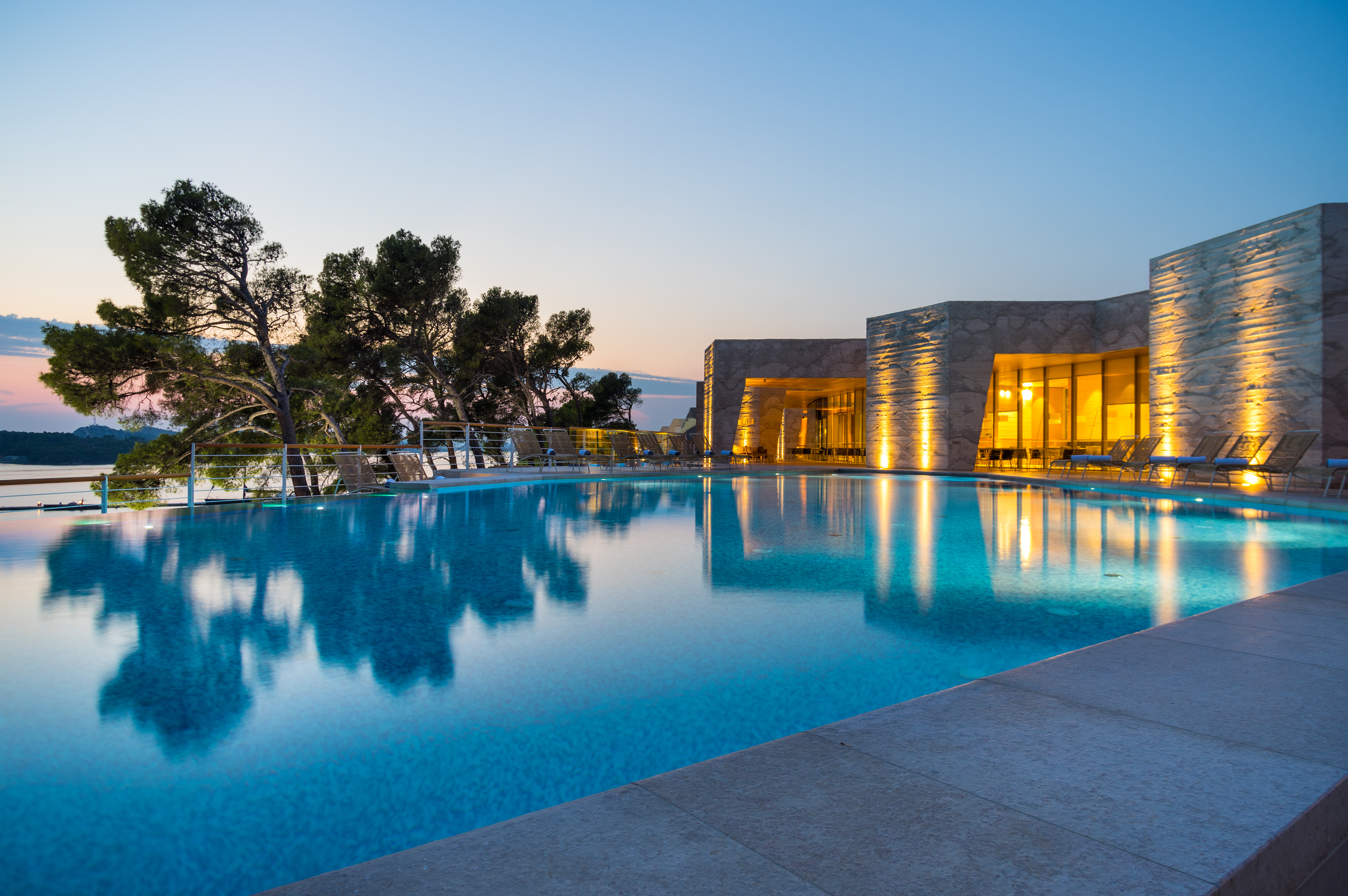 yacht club swimming pool by night