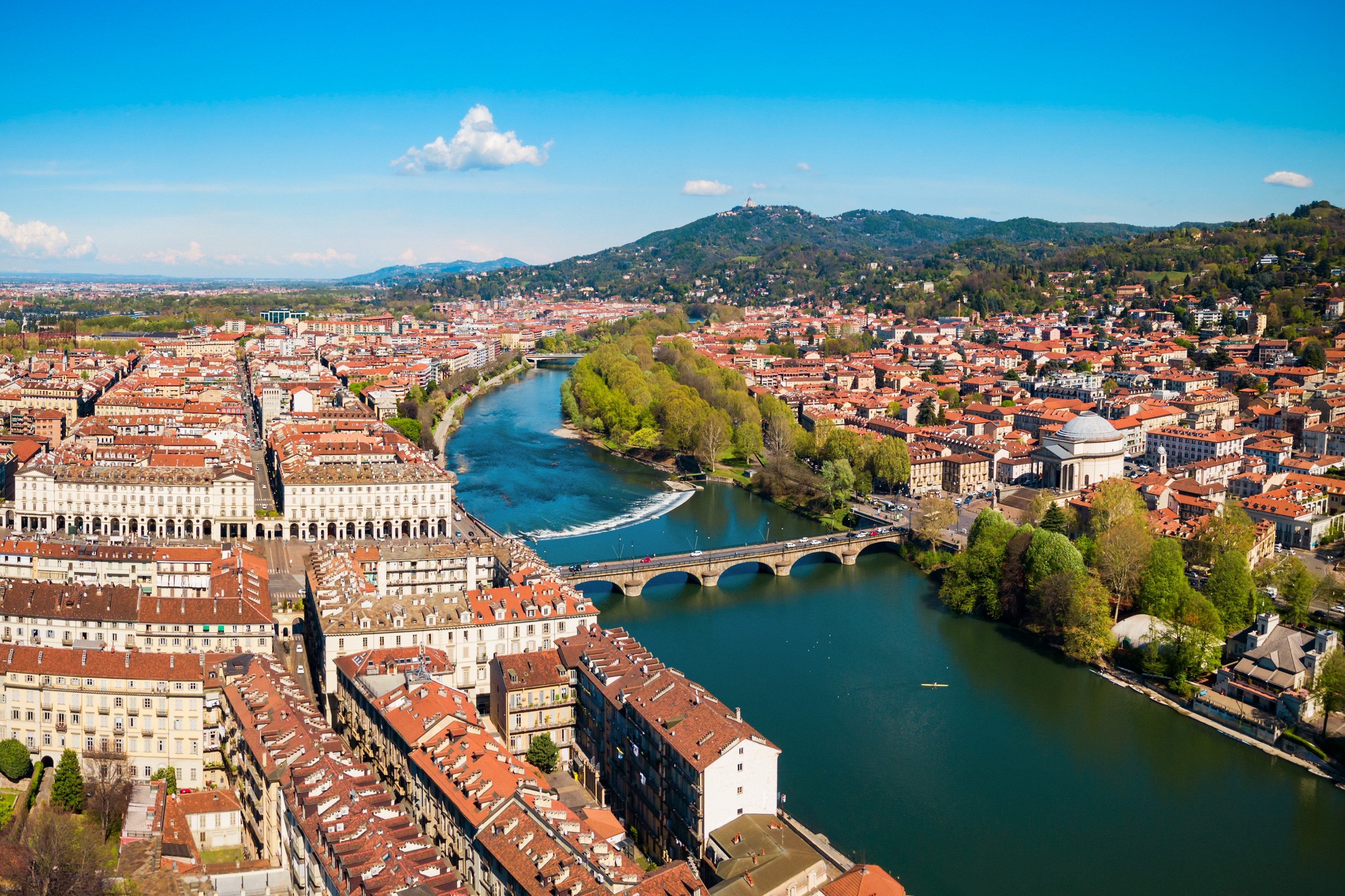 the po river aerial panoramic view in the centre of turin city piedmont region of italy